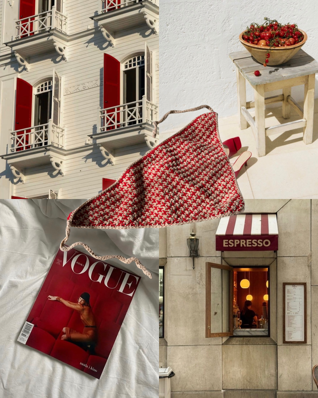 Collage of a building with red shutters, a red and white patterned bag, a magazine titled 'Vogue', and an espresso shop.