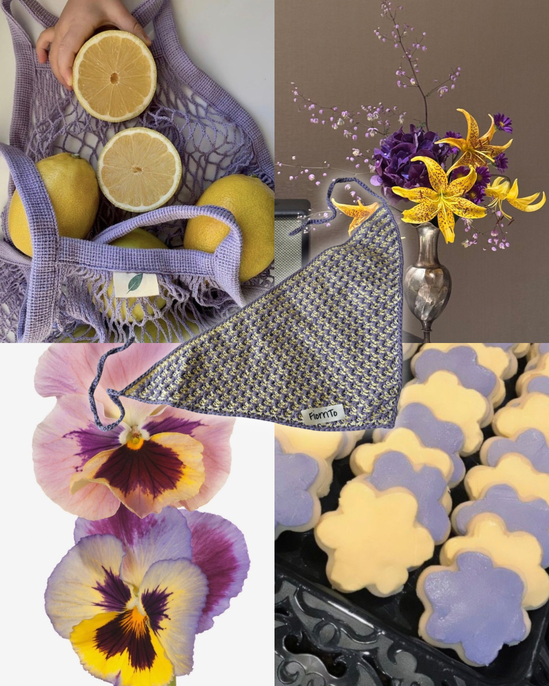 Collage of lemons in a mesh bag, flowers with a vase, and cookies with floral designs.